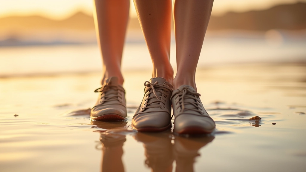 Close-up of feet in walking shoes on wet sand at beach, texture detail, morning light, peaceful coastal atmosphere