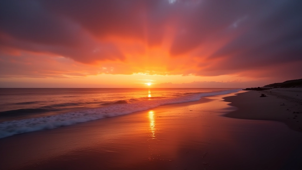 Evening sky transforming from gold to purple tones, ocean reflection, peaceful water