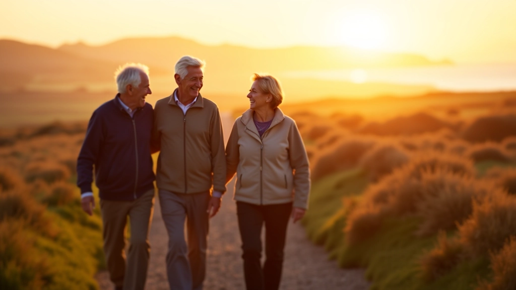Group of people walking together on coastal path, enjoying conversation and companionship during golden hour