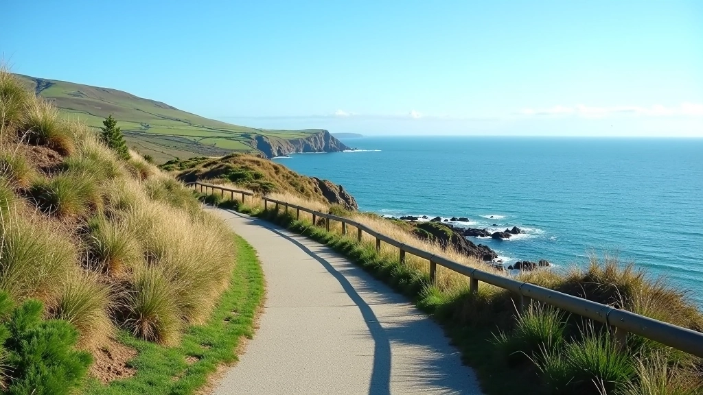 Coastal walking path curving around headland, Atlantic Ocean visible, clear day with blue sky