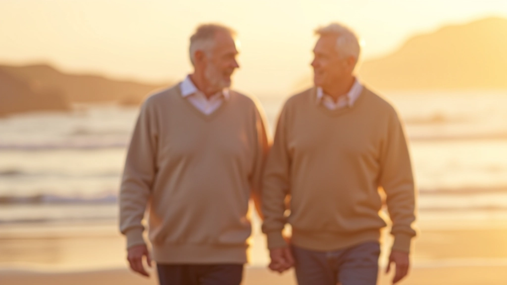 Seniors walking together on sandy beach, golden evening light, relaxed pace, coastal backdrop
