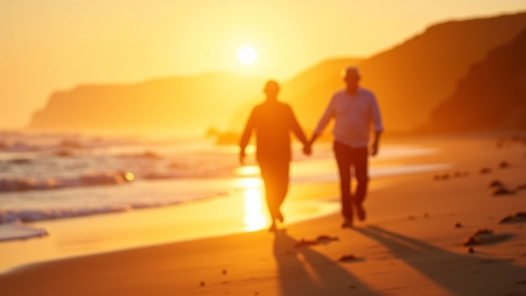 Retired couple enjoying a serene evening walk on an Irish beach