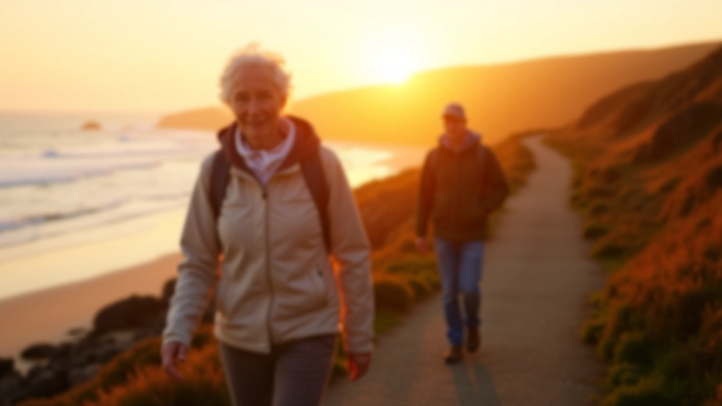 Person walking along coastal cliff path at sunset, golden light on path ahead